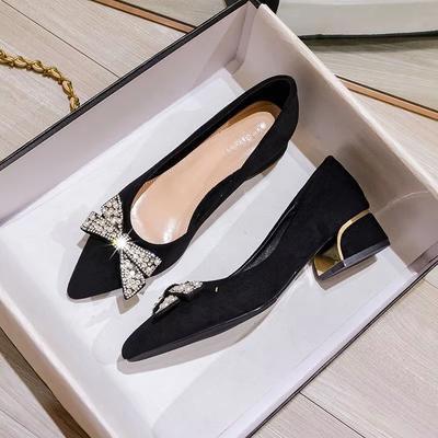 Fashion Heel Shoes for Women 2025 New Spring Autumn Pointed Toe Middle Heel Bow Thick Heel Fashion Shallow Lady Shoes Women Heels