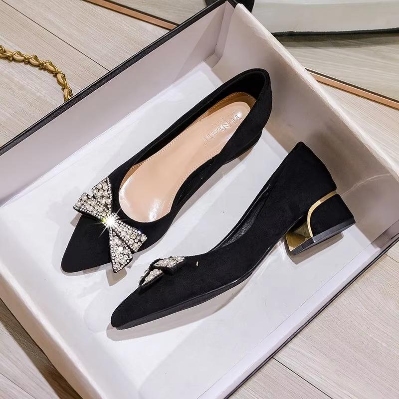 Fashion Heel Shoes for Women 2025 New Spring Autumn Pointed Toe Middle Heel Bow Thick Heel Fashion Shallow Lady Shoes Women Heels