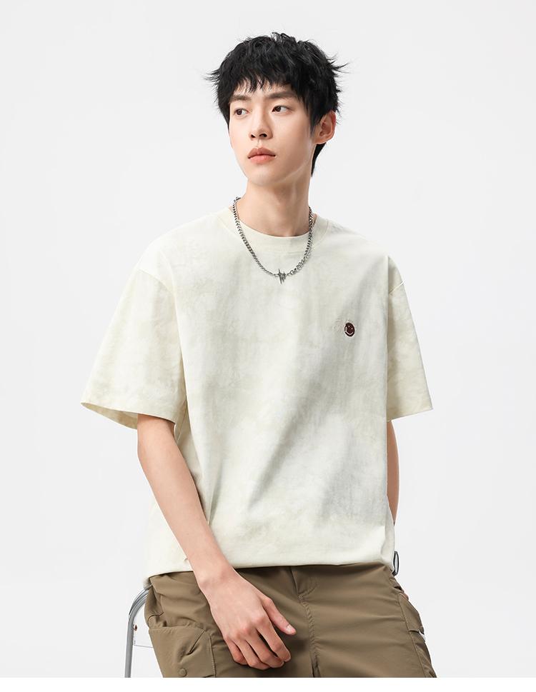 Heavy Duty Retro Wax Dyed Embroidered Short Sleeved T-shirt for Men's Summer Loose Half Sleeved Base Shirt