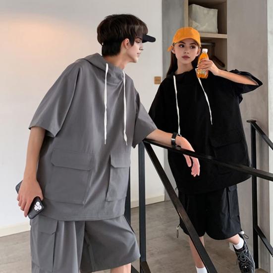 2 szt./zestaw Unisex Strój na co dzień Bluza z kapturem ze sznurkiem Krótki rękaw T-shirt Elastyczny pas ze sznurkiem