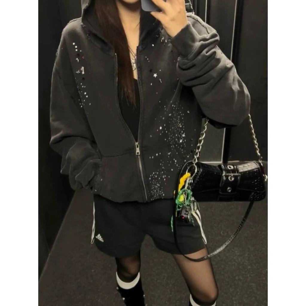 Jaqueta com Capuz Manga Longa Zíper Unissex Oversized Streetwear Vintage Lavado Moletom Estrela Strass Casaco