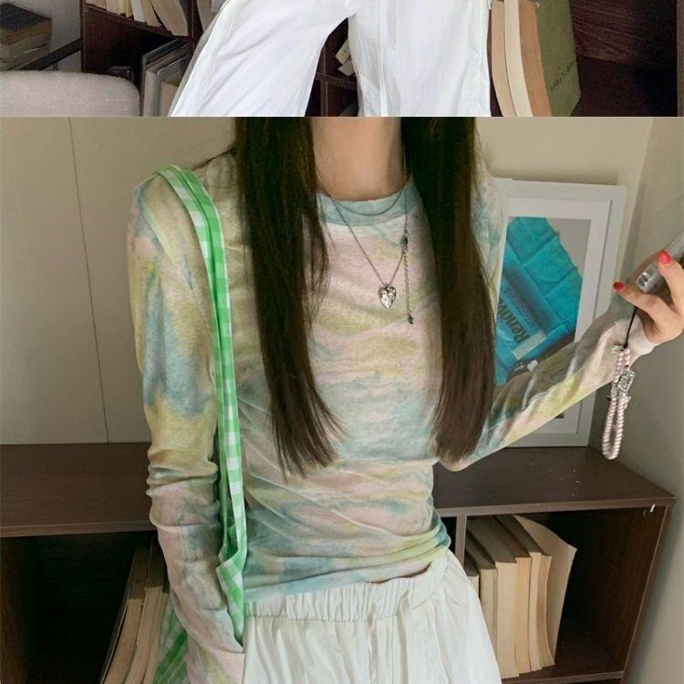 

Острая Девушка Тай-Дай Сетка Градиентный Принт Солнцезащитная Футболка с Длинным Рукавом. Женский летний тонкий топ облегающего кроя с дизайнерским чувством и нишевым стилем XL зелёный