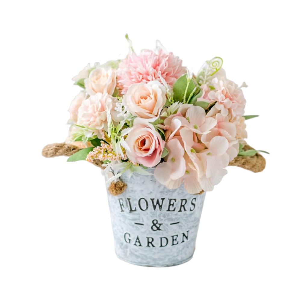 

Искусственные цветы с вазой Искусственные розы Растения Ведро Композиция Украшения Домашний Декор Контейнер для кашпо розовый
