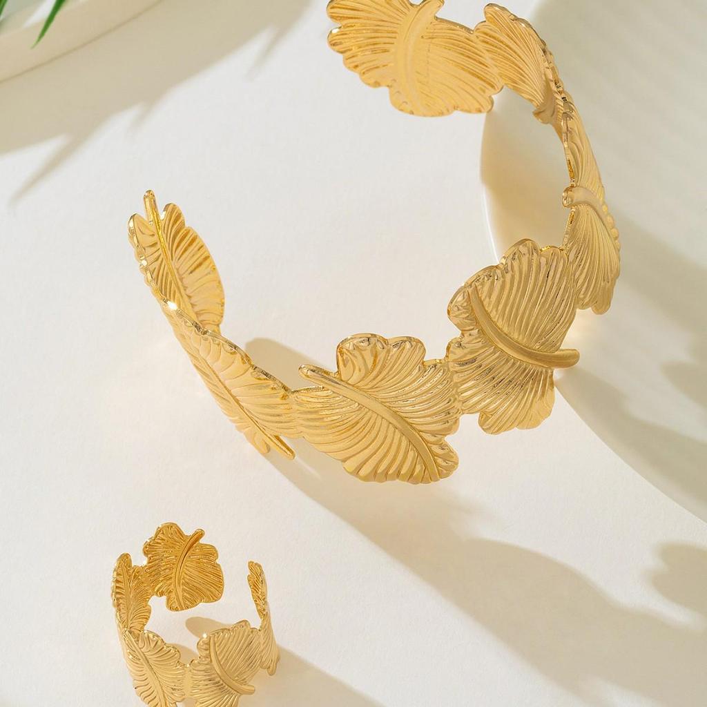 Retro Leaf Design Bracelet & Ring Set - Women’s Versatile High-End Accessory