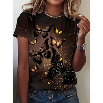 Summer Round Neck 3D Flower Butterfly Insect Pattern Print Top Fashionable Casual Short Sleeved Women's T-shirts