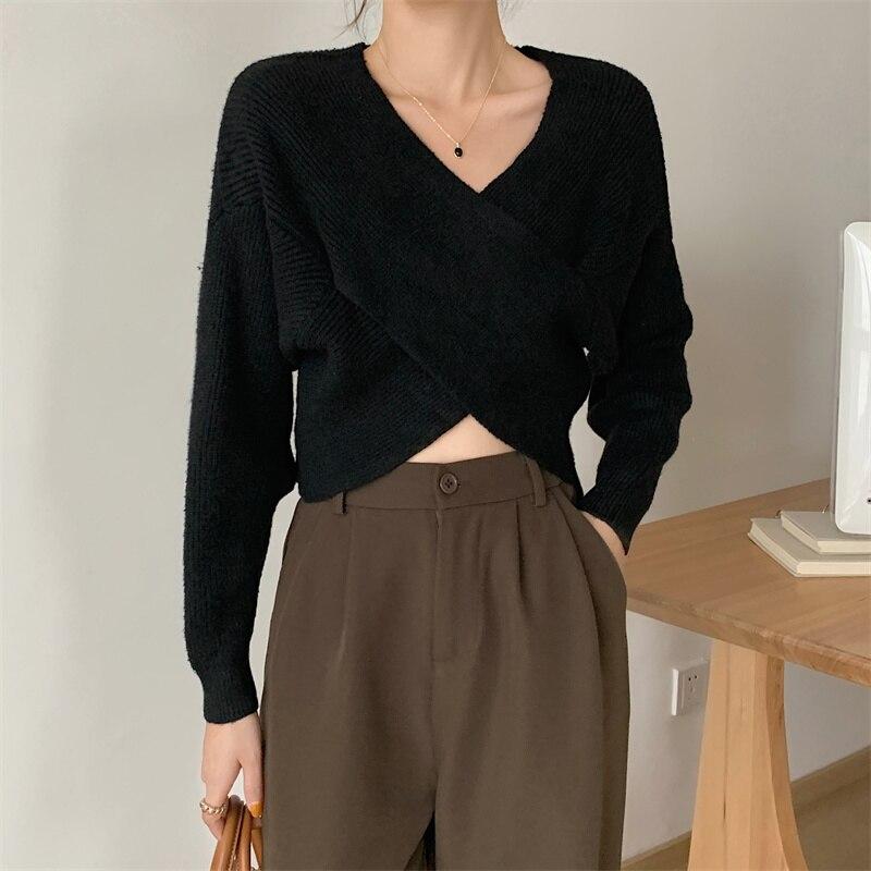 Autumn Loose V-Neck Women Knitted Sweater Vintage Office Lady Pullovers Sweaters Ladies Winter Korean Irregular Knitwears 28576