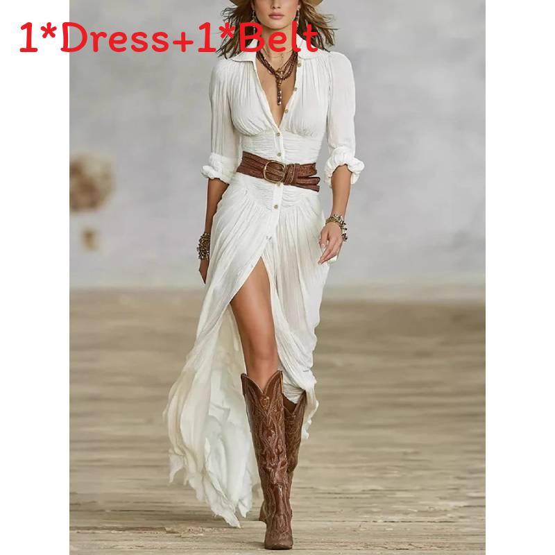 Elegante Vintage Franse Stijl V-hals Jurk met Tailleband en Lange Mouwen voor Kantoor en Casual