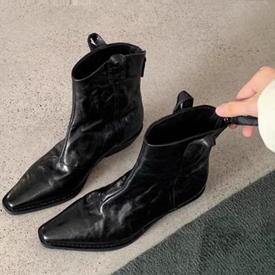 Women's Pointed Toe Retro Chunky Heel Cowboy Boots Fashion Autumn Winter Work Shoes Ruffle Comfortable Western Ankle Boots Women