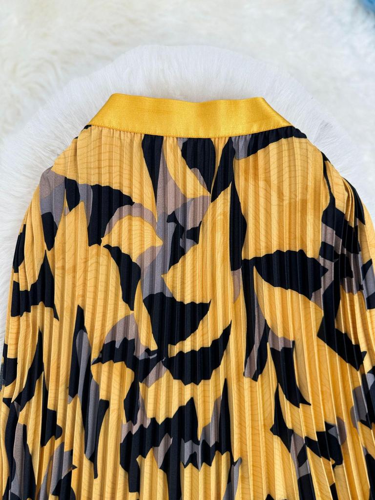 European & American Printed Pleated A-line Midi Skirt for Women - High-waisted, Versatile & Slimming