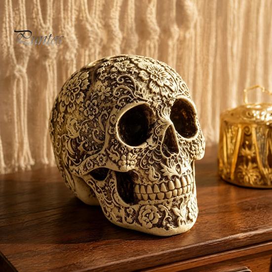 Collectible Art for Secret Rooms Creative Skull Flowers Sculpture, Human Head Skeleton Statue, Halloween Ornaments Home Decor Decor, Prop Indoor