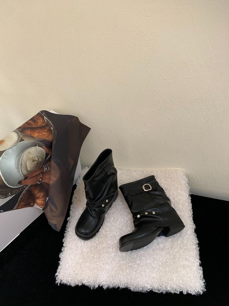 Coarse Heel Tube Pants Tube Martin Boots Women's Shoes 2025 New Thin Pile Boots with Skirt Spring and Autumn Single Boots Short Boots