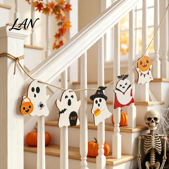 Halloween Tree Ornaments Ghost Wooden Hanging Sign with Hemp Rope, Cute Rustic Decorations Pendants for Home Party Wall Decorative Wood Signs