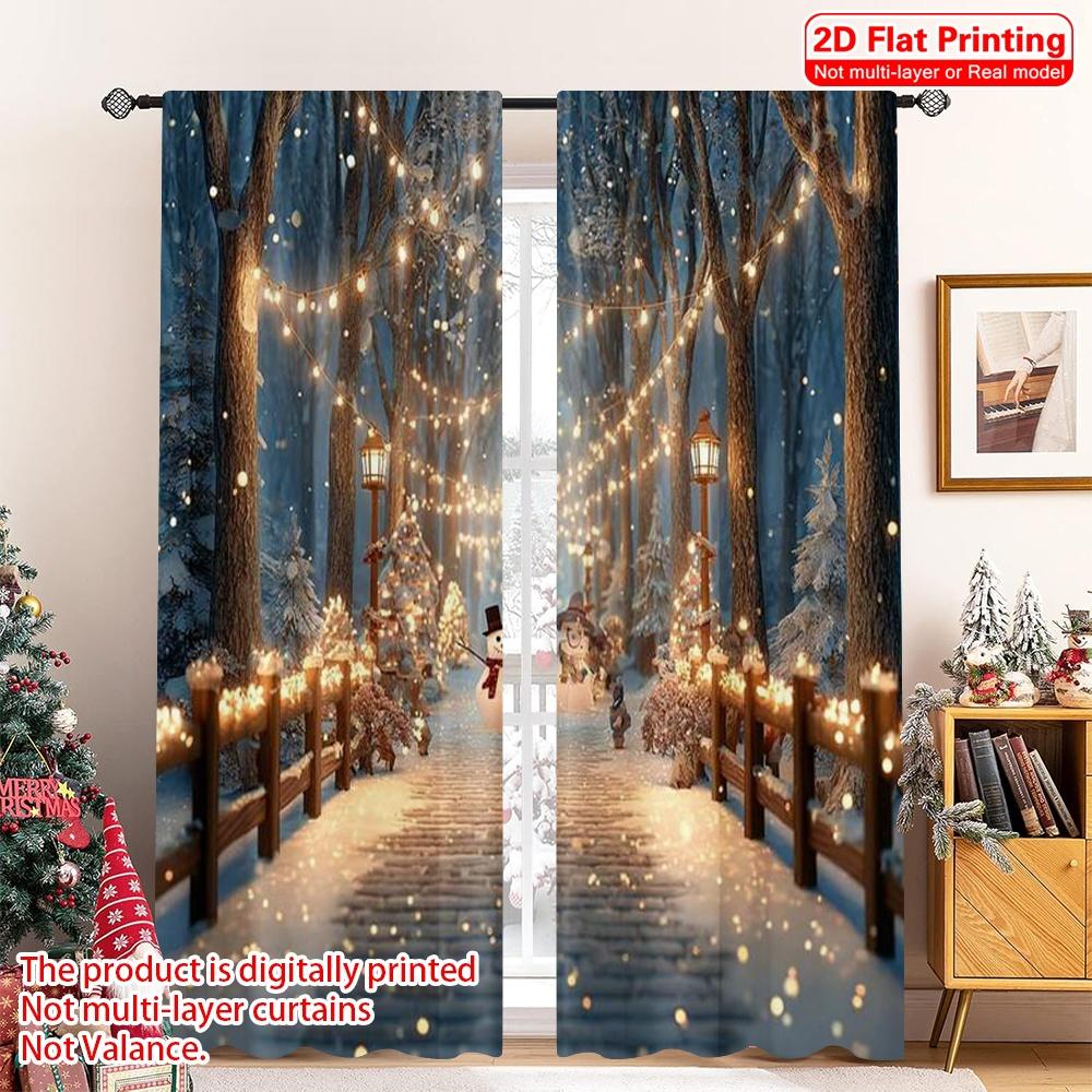 

2pcs 2D flat printing Christmas Curtains winter wonderland Machine Washable Polyester Without Electricity Festive Holiday 100*130 Rod Pocket 1pcs