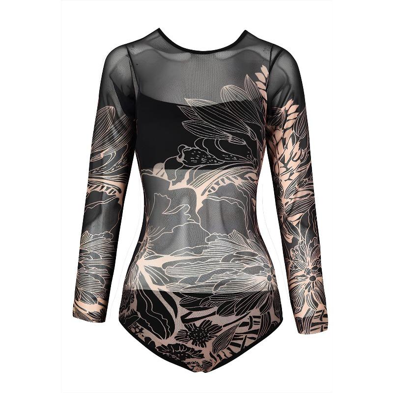 New One-piece Swimsuit Women's Long-sleeved Tight-fitting High-elastic and Thin Sexy Gauze Skirt European and American Spot Women's Swimwear