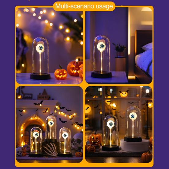 LED Clear Dome Eyeball Night Light Creepy Light-up Eyeball in Cloche with Wooden Base for Home Kitchen Tabletop Mentel Shelf Decor