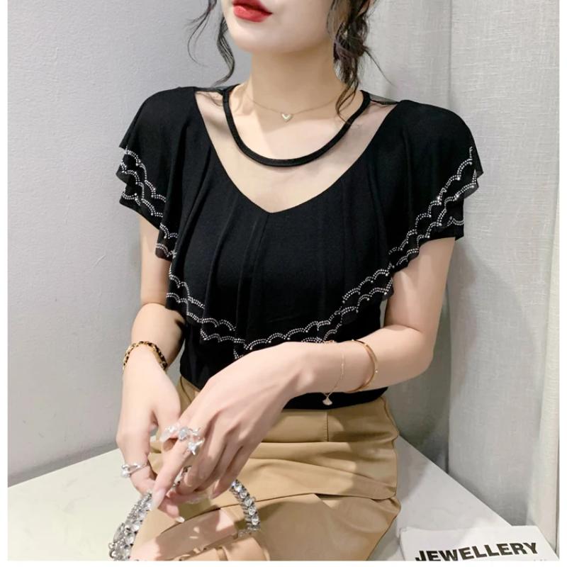New Chic Summer Elegant Women T-Shirt Clothes Sexy Luxury Shiny Diamonds Tops Short Sleeved Ruffles Mesh Tees Blusas