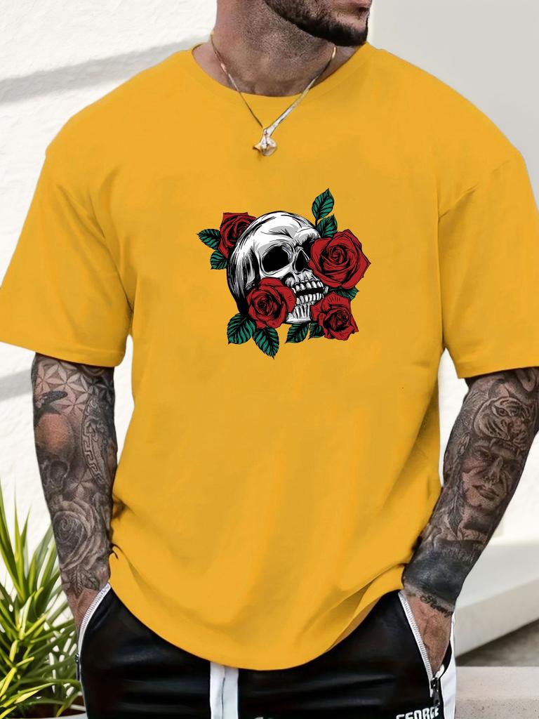 Mens Casual Tshirt Skull Rose Print Short Sleeve Round Neck Breathable Soft Oversized Edgy Daily Wear Tee
