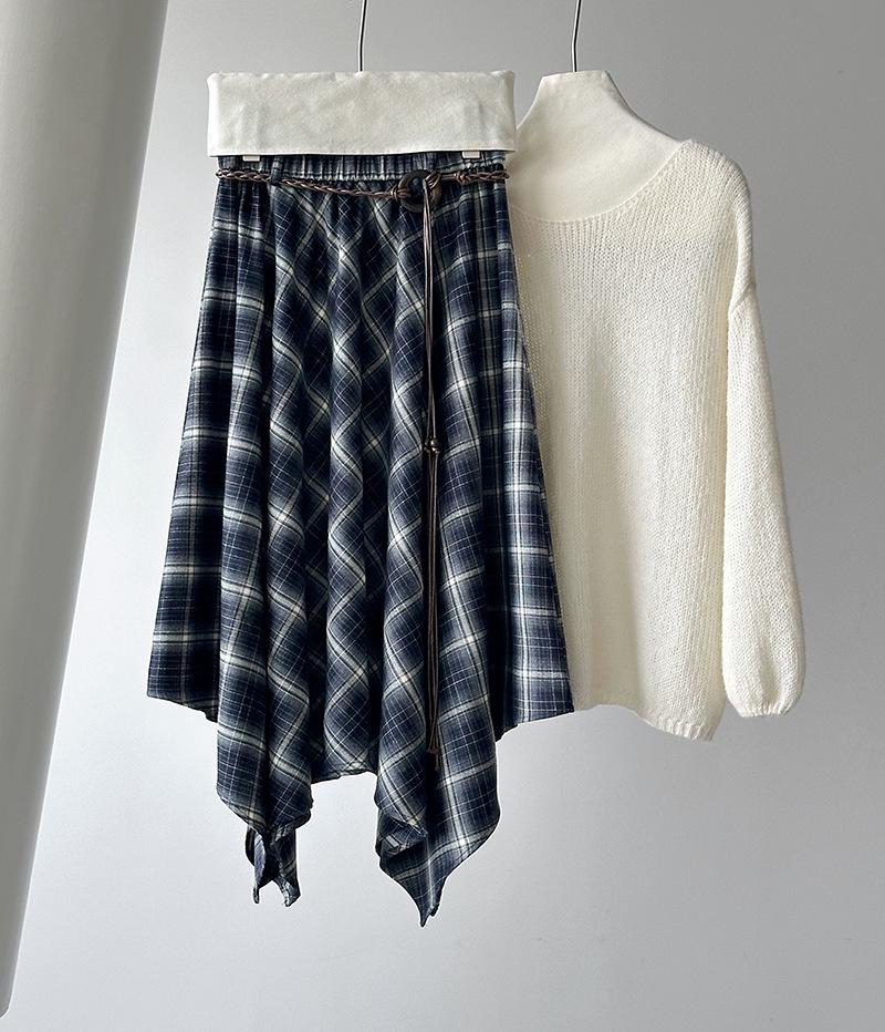 Ju Zhi Podzimní kostkovaná sukně midi áčkového střihu s vysokým pasem - Nepravidelný design, Zeštíhlující střih