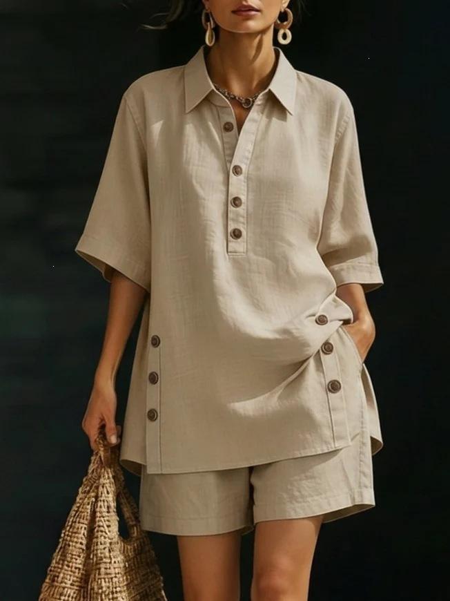 2026 summer new linen shirt shorts two-piece set casual loose button summer set S хаки