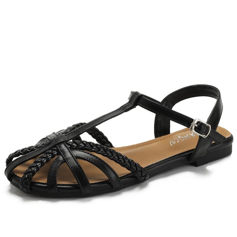 Anti-slip Shoes, Retro Style Women s New Flat-bottomed Hollowed-out Sandals 36 чёрный