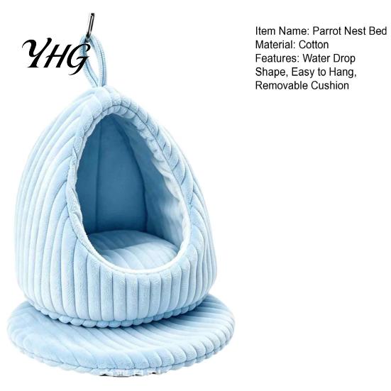 Cotton Bird Nest Hanging Parrot Bed, Winter Striped Plush Water Drop Shape Bed Cozy Cave with Removable Cushion, Cage Hammock for Budgerigar Cockatiel