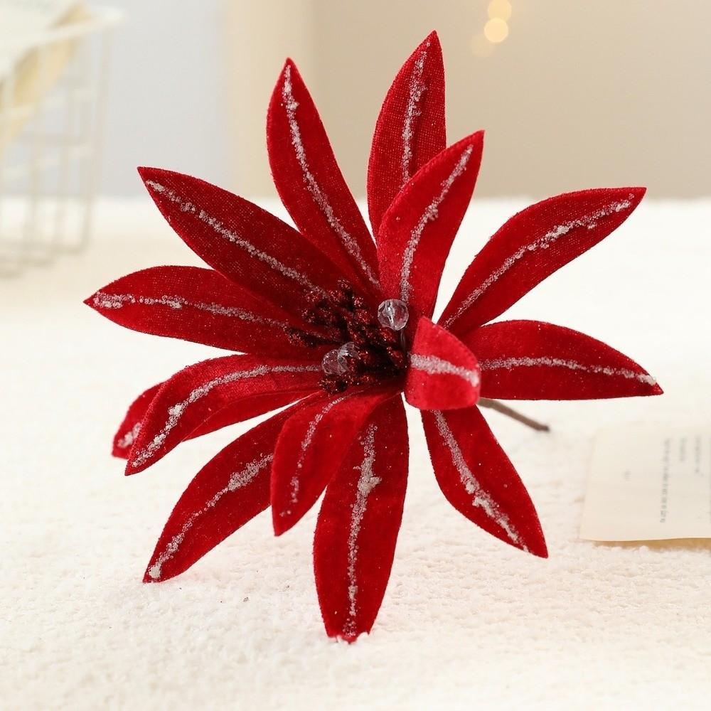 New 15CM Artificial Poinsettia Flower Flocking Fabric Ribbon Christmas Flower DIY Christmas Flower Home Decoration