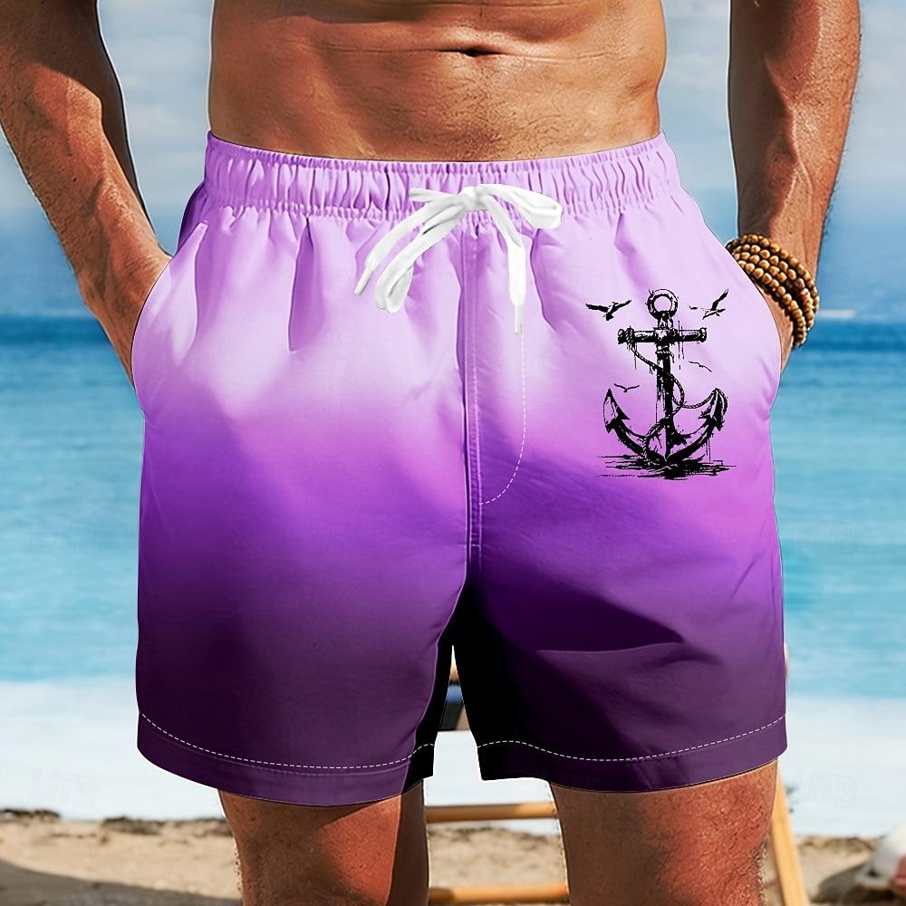 Men's Nautical Anchor Gradient Color Swim Trunks Bathing Suits Swim Shorts Board Shorts Mid Waist Hawaiian Beach Vacation