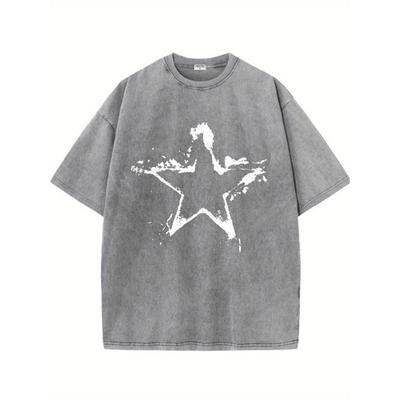 Distressed White Star Grunge Design, Retro Style, Classic Men's Round Neck Distressed Short Sleeved Shirt, Pure