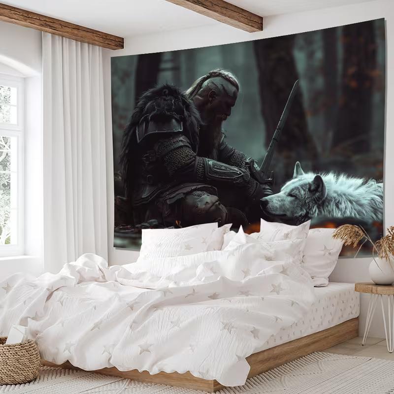 2D Norse Mythology Warrior & Wolf Tapestry Dark Fantasy Art Wall Decor Cloth for Home & Bedroom