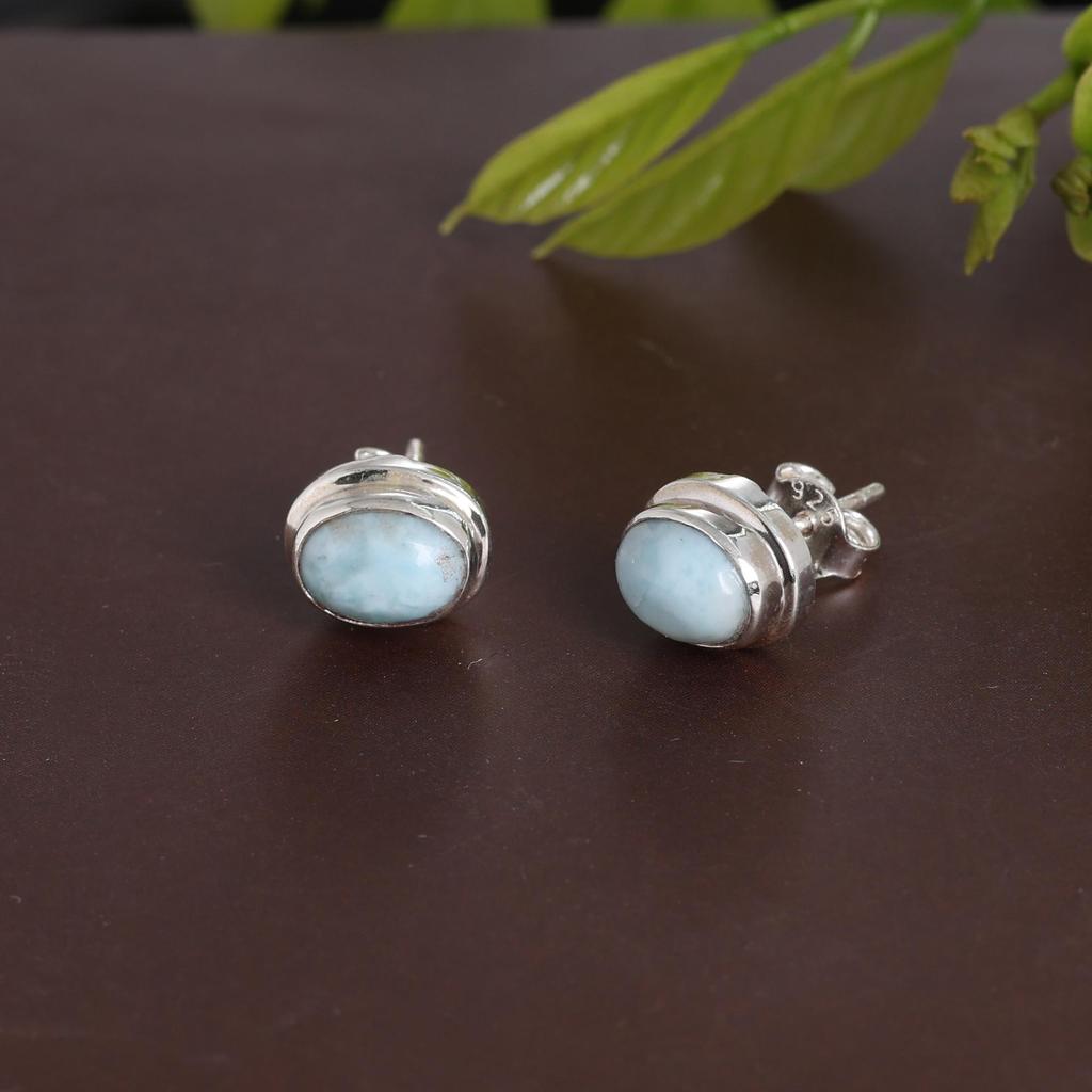 Larimar Silver Stud Earring, 925 Sterling Silver Handmade Jewelry, Gift For Her, Women Earring