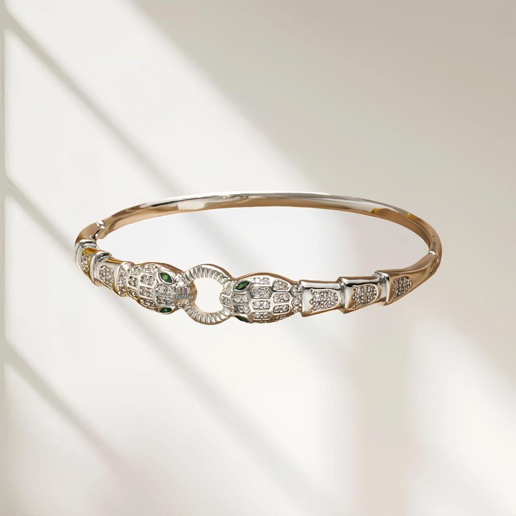 Zircon Snake Shape Women's Copper Bangle - Middle East Fashion, Micro-inlaid, Openable, Versatile Bracelet