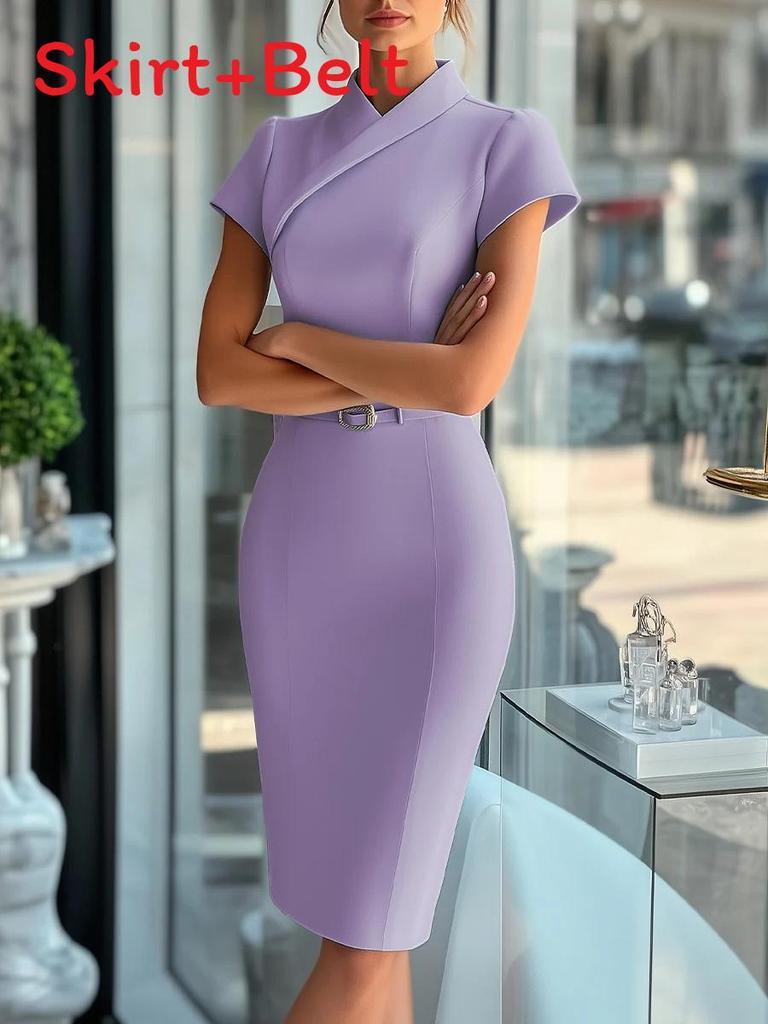 Packable Blue Polyester Bodycon Dress With Notch Collar For Office And Casual Wear
