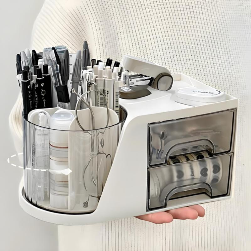 2-In-1 Rotating Pen Holder Rotating Desktop Organizer Storage Box With Drawer Plastic Pen Holder Cosmetic Storage Box