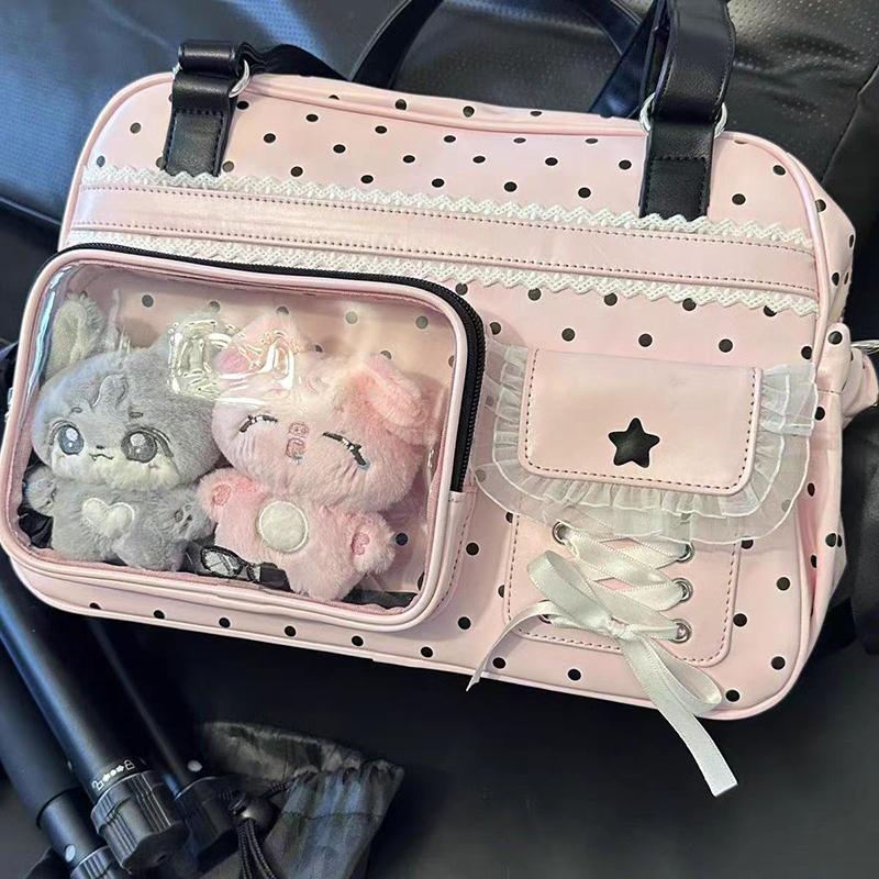 Polka Dot Ita Bag With Lace Bow Decor Women Transparent Pocket Shoulder & Handheld Dual-use Bag Lolita Style Daily Commute Bag