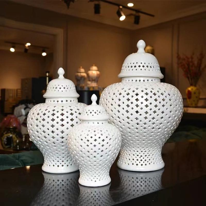 Ceramics Gingers Jar with Lid Decorative Flower Vases Cutout Lattice Crafts for Home or Kitchen Countertops Decoration