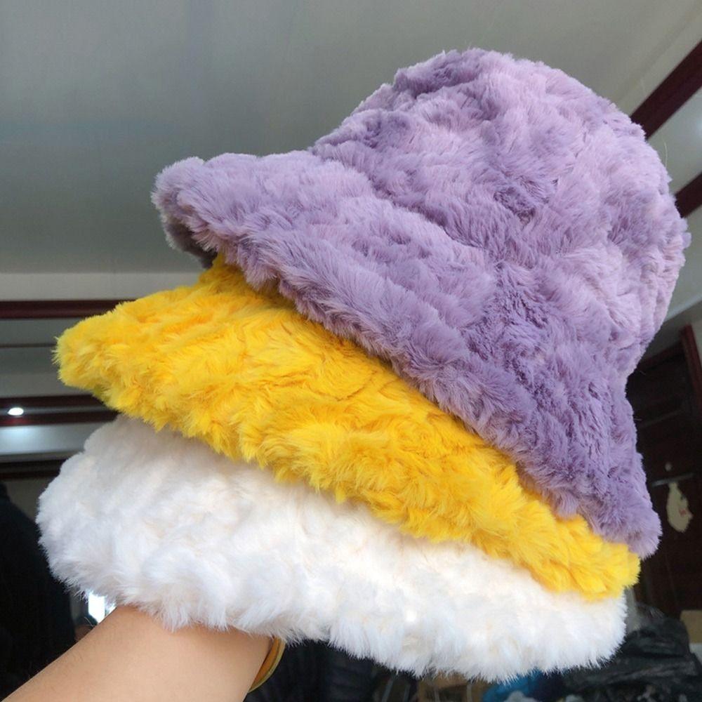 Outdoor Faux Fur Plush Bucket Hat Furry Warm Panama Hat Winter Plus Velvet Fisherman Cap Women