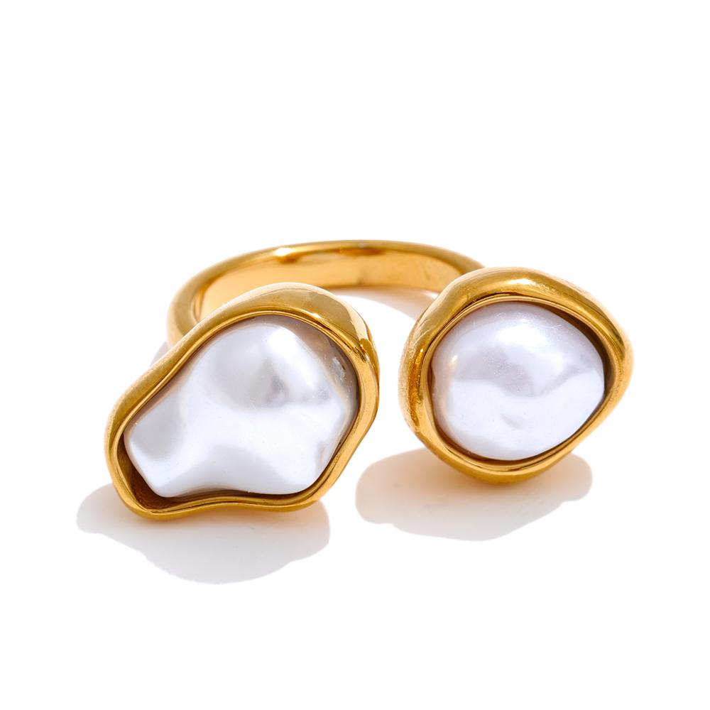 

Yhpup Popular Baroque Imitation Pearls Golden PVD Open Ring Women Stainless Steel Rust Resistant Fashion Cast Finger Jewelry resizable