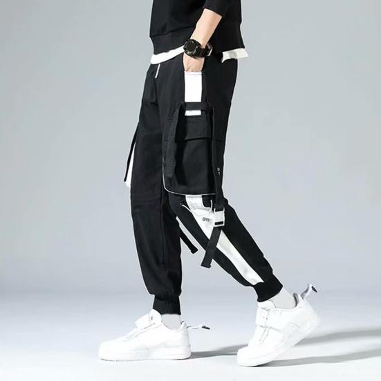 Men Cargo Pants Strap Decor Multi Pockets Loose Elastic Waist Ankle-banded Color Matching Hip Hop Streetwear Work Outdoor Trousers