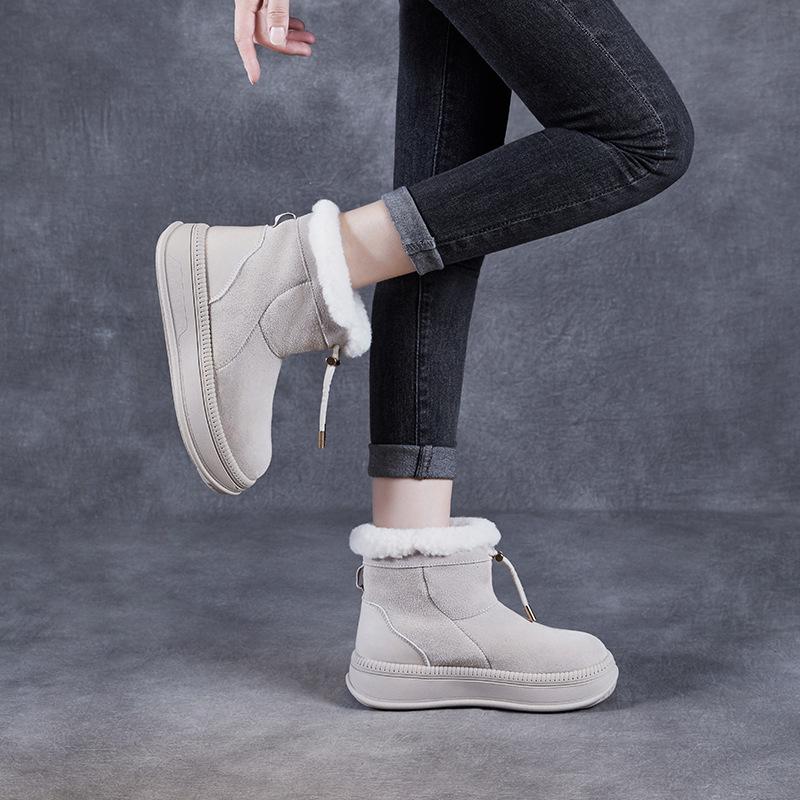 GKTINOO Women Snow Boots Quality Cow Suede Leather Round Toe Slip On Flat Platform Thick Plush Winter Warm Ankle Boots