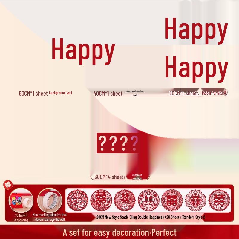 Double Happiness Stickers for Wedding Room Decoration - Perfect for Bride and Groom's Living Room or Bedroom.