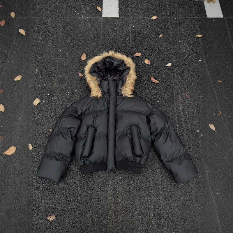 Mens Winter PU Leather Short Cotton Puffer Coat Detachable Hood Casual Loose Couple Style