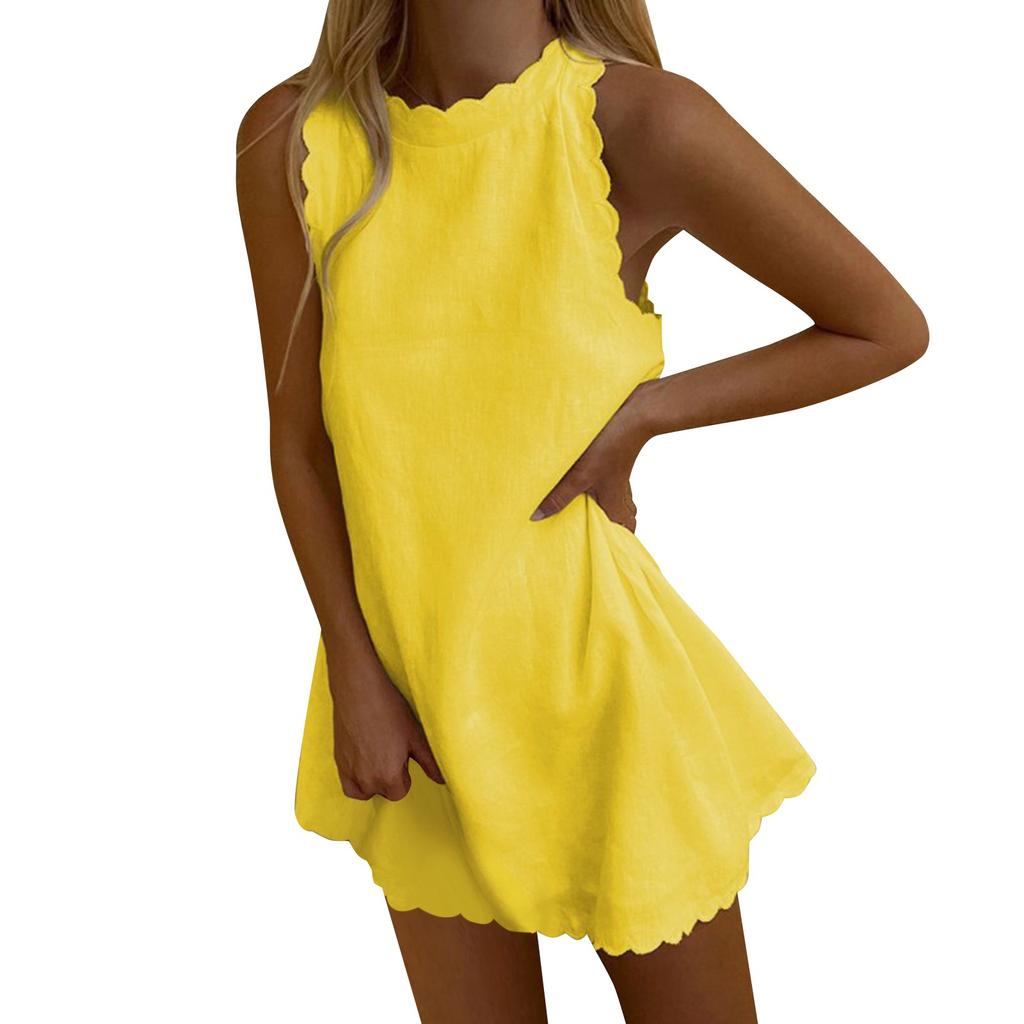 Women's Spring/Summer Solid Scalloped Trim Sleeveless Casual Dress