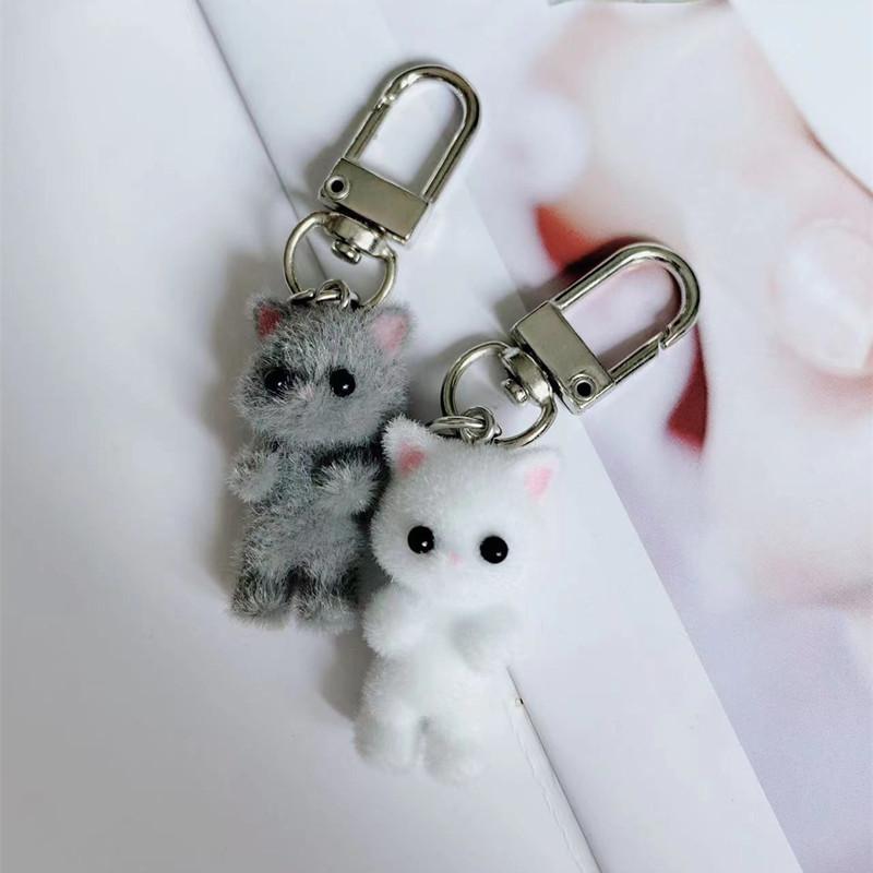 Cute Flocking Cat Keychain 3D Love Phone Pendant Headphone Charm Bag Decor Car Key Ring Jewelry Gift