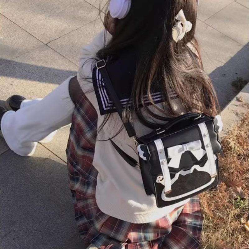 Móda Roztomilá sladká taška přes rameno pro ženy Barva mašle Kontrastní barva Lolita Jk Square Student Malý batoh Běžné Kožené Nový Batoh