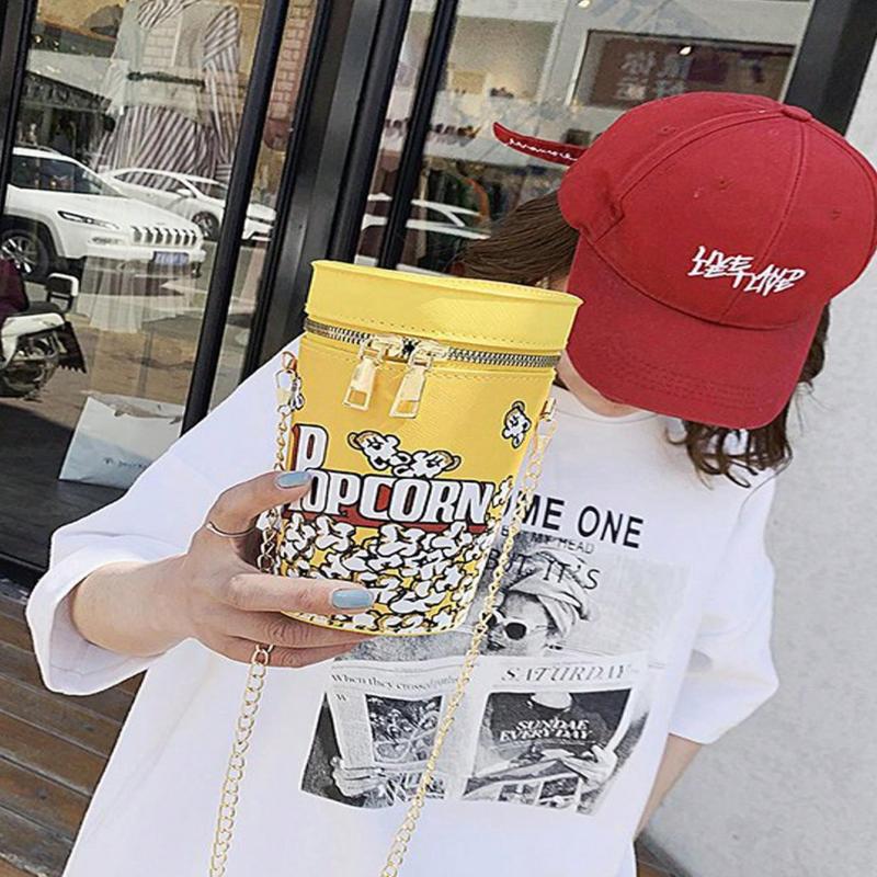 Popcorn Design Bucket Bag, Chain Crossbody Bag, Creative Cylinder Purse For Women, PU Leather Textured Bag Purse, Fancy Fashion Shoulder Bag