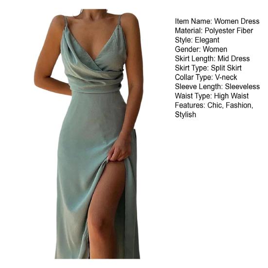 Womens Sleeveless V Neck Bodycon Dress Sexy Spaghetti Strap High Slit Ruched Midi Dress Cocktail Party Wedding Guest Dress