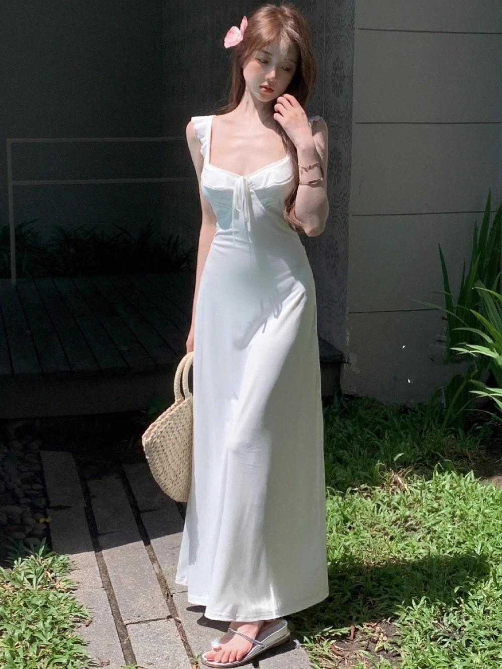 Elegant French Summer Waist-Cinching Slim-Fit Backless Camisole Dress for Women L белый