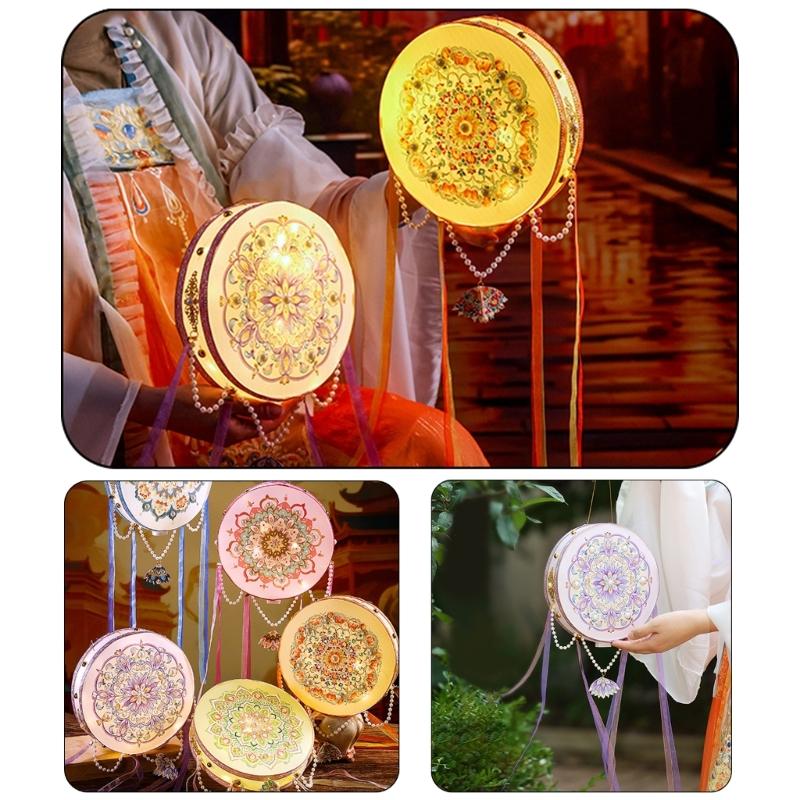 Floral Lantern with Pearls and Ribbon MidAutumn Festival Handheld Toy Kids Led Lights New Year Night Market Stall
