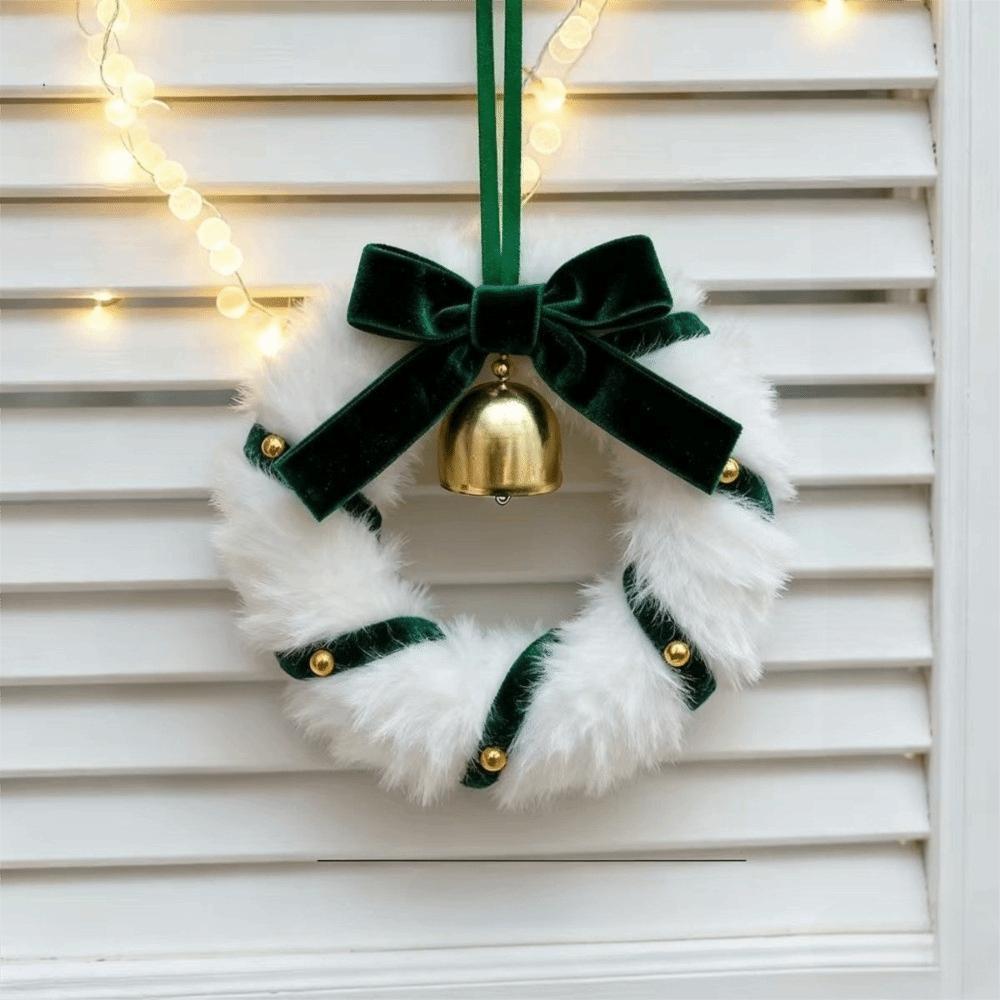 Soft Plush Christmas Wreath Ribbon Bow Bell Accents Christmas Plush Wreath Bowknot Mini Ornament Xmas Tree Wreath Holiday Home