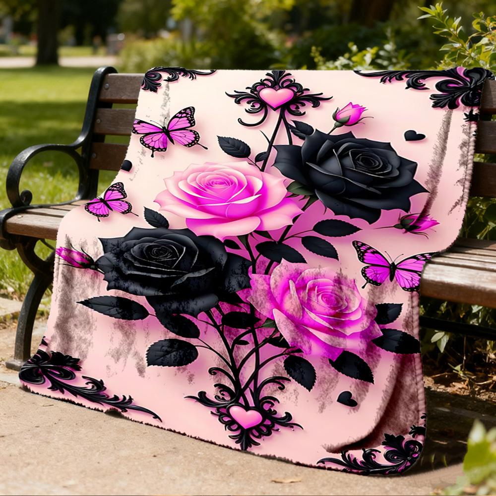1pc Roses Butterflies Outdoor Blanket - Soft Flannel Cozy for Travel & Camping - All-Season Warm Bed Cover, Machine Washable Yy251229108